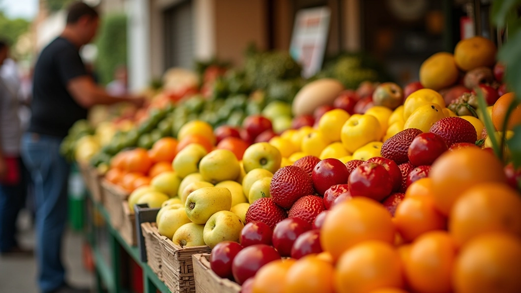 Alimentos nutritivos em mercado português com frutas e vegetais frescos