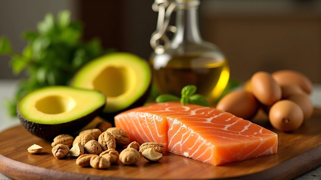 Seleção de alimentos com gordura saudável incluindo abacate, frutos secos, azeite e peixe fresco numa superfície de madeira