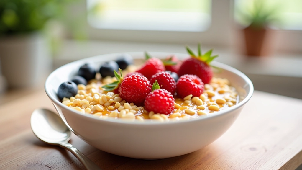Tigela de aveia integral com frutas vermelhas frescas, mel e sementes numa cozinha moderna com luz natural matinal