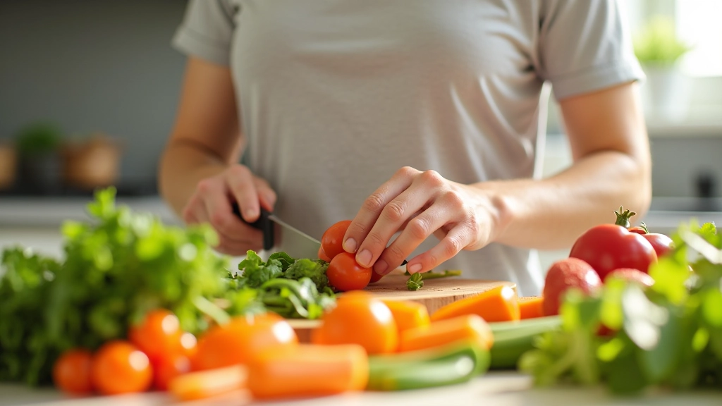 Pessoa a preparar refeição saudável na cozinha