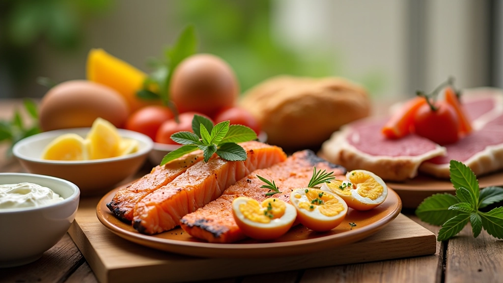 Variedade de fontes de proteína incluindo ovos, peixe grelhado, iogurte grego e carne magra em mesa de cozinha bem iluminada