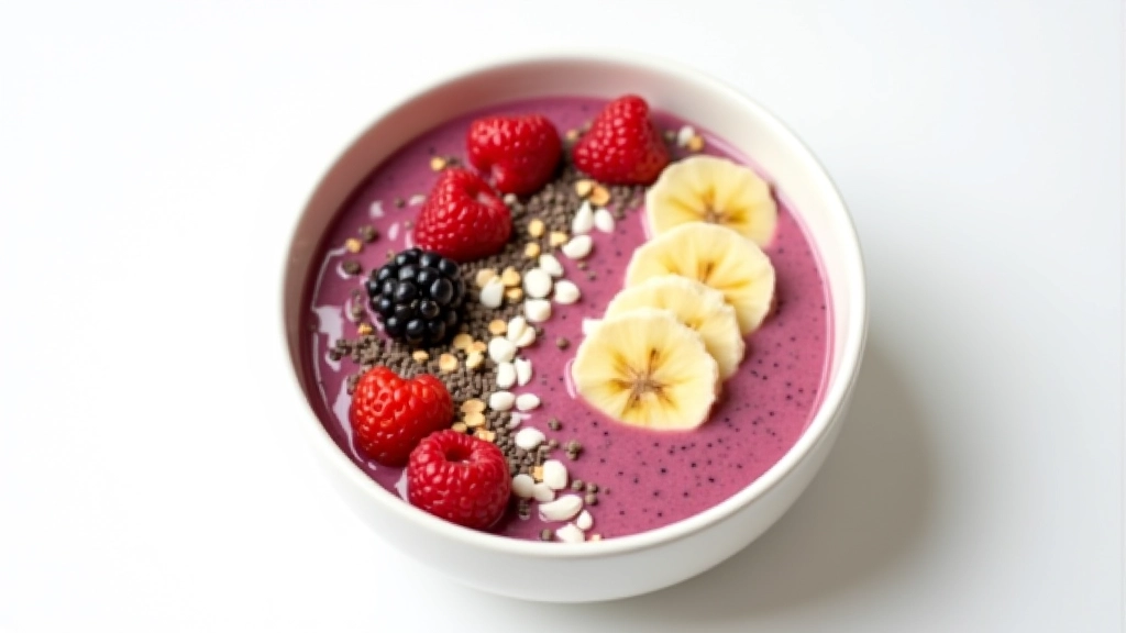 Smoothie bowl com frutas vermelhas, sementes e granola em cima de fundo branco minimalista