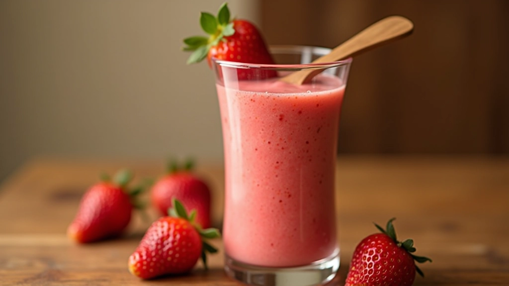 Smoothie rosa de morango em copo alto com morango fresco e colher, fundo de madeira clara