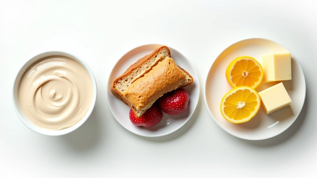 Três tigelas diferentes: iogurto com granola, pão com pasta de amendoim, e queijo com frutas, dispostas em linha em superfície clara