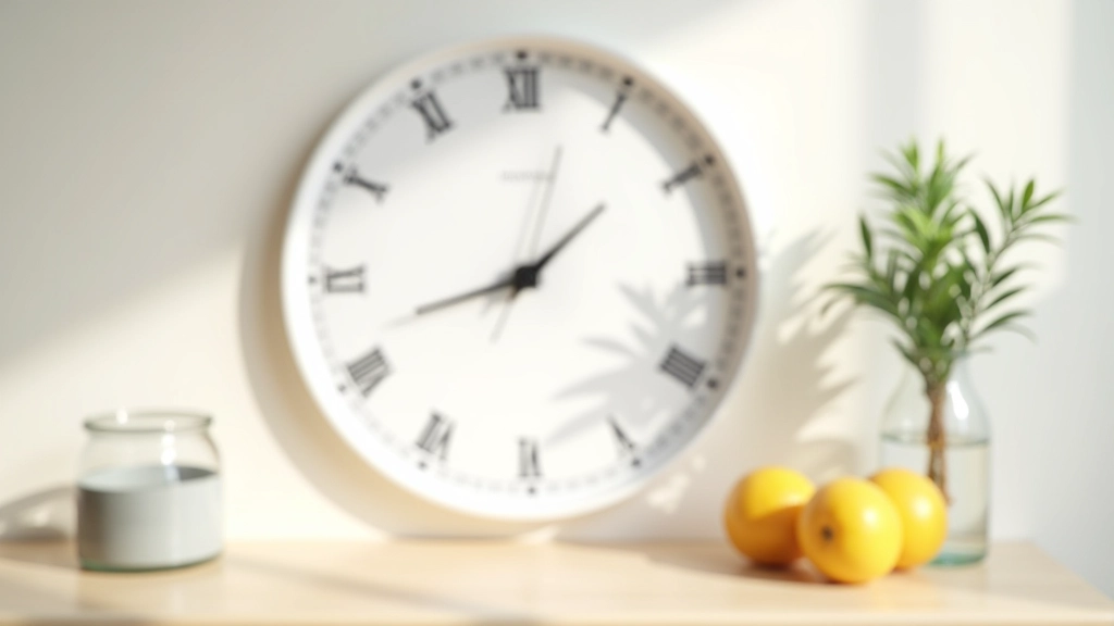 Relógio de parede mostrando horas diferentes, próximo a copos com água e frutas frescas