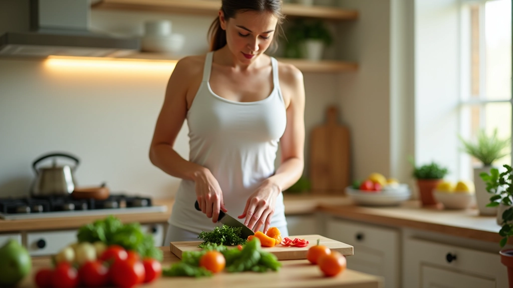 Pessoa a preparar refeição saudável na cozinha com alimentos frescos sobre a bancada